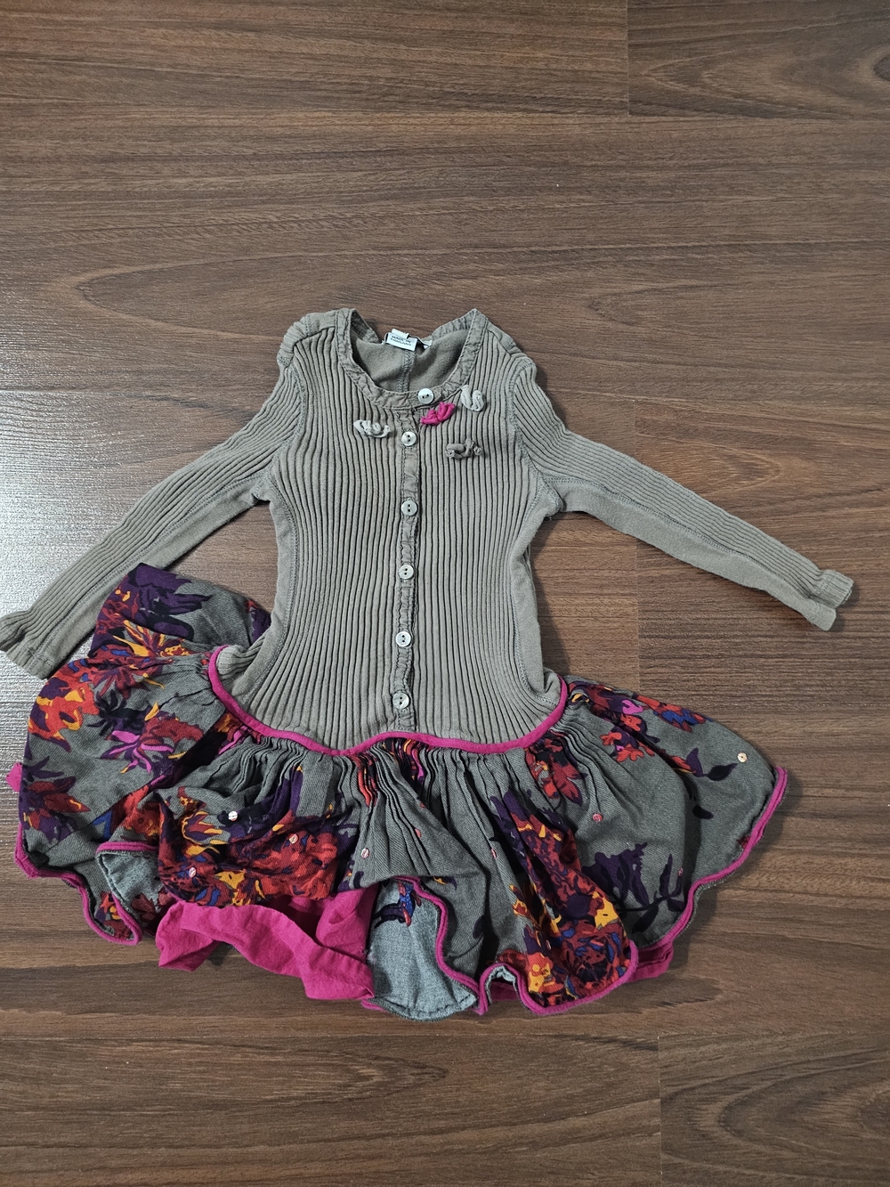 Girls Gray Ribbed Button-Front Dress with Pink-Trim Floral Skirt